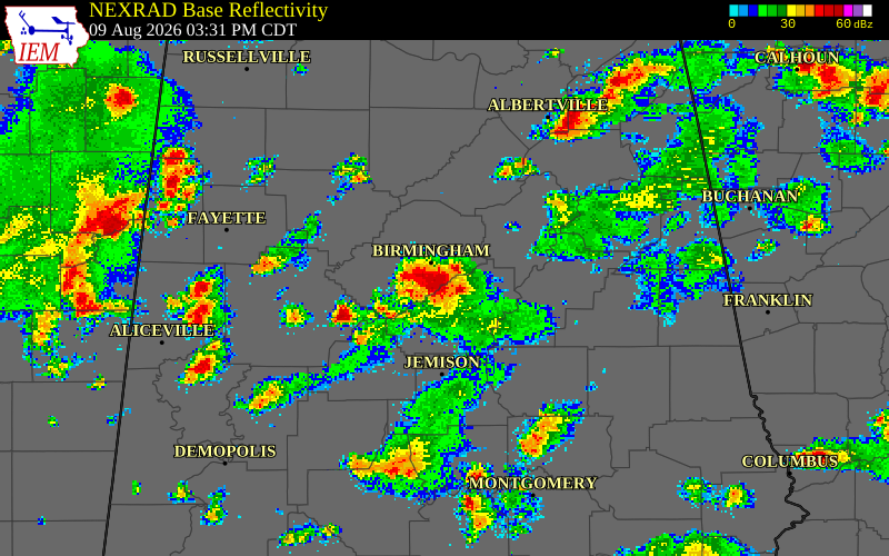 NEXRAD radar during the Sunday, August 9, 2026 storm activity in Jefferson County, Alabama
