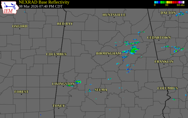 Radar snapshot during the Mar 8, 2026 tornado event near 1 NNE Bull City, Jefferson County, Alabama, with NWS warning polygons