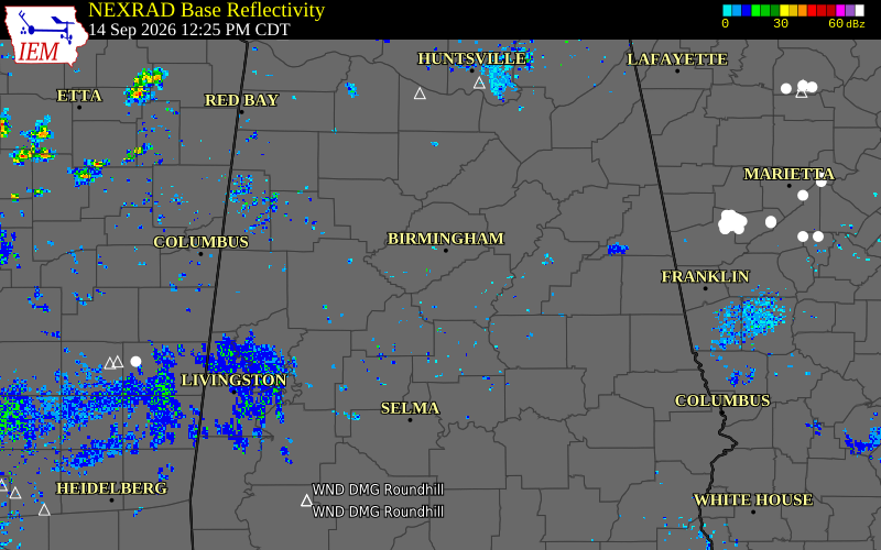 Current NEXRAD radar over Jefferson County, Alabama with recent storm report locations