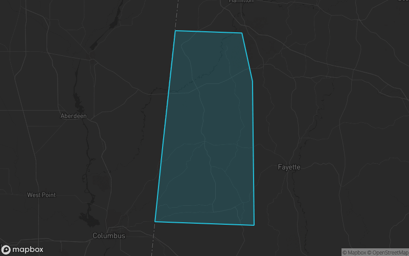 Map of Lamar County, Alabama showing the county boundary and surrounding cities