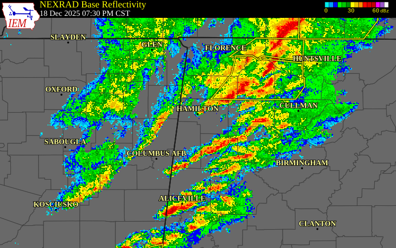 NEXRAD radar during the Thursday, December 18, 2025 storm activity in Lamar County, Alabama