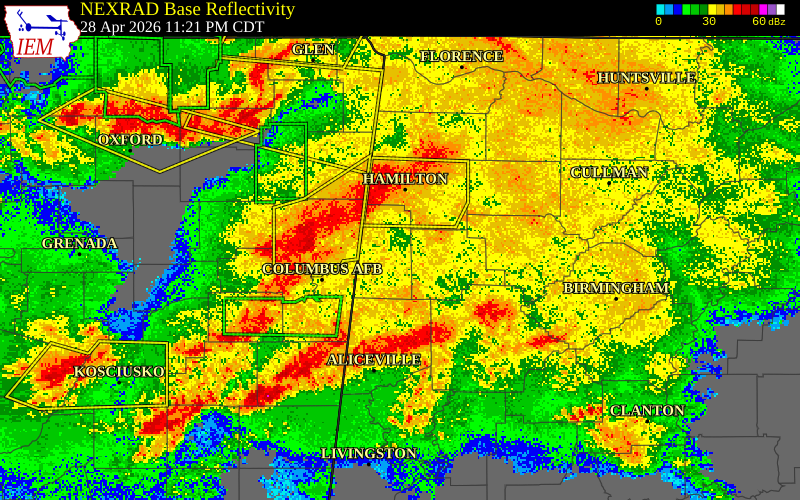 NEXRAD radar during the Tuesday, April 28, 2026 storm activity in Lamar County, Alabama
