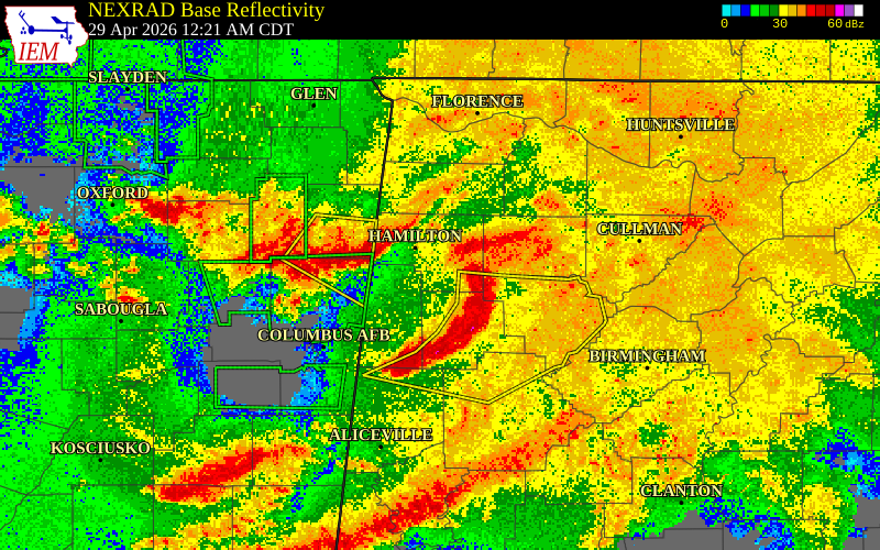 NEXRAD radar during the Wednesday, April 29, 2026 storm activity in Lamar County, Alabama