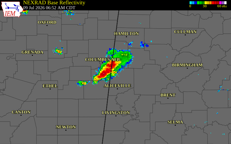 NEXRAD radar during the Thursday, July 9, 2026 storm activity in Lamar County, Alabama