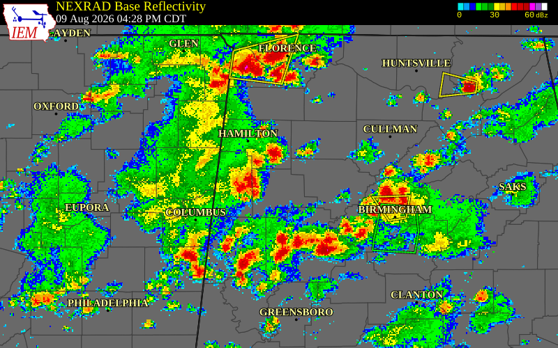 NEXRAD radar during the Sunday, August 9, 2026 storm activity in Lamar County, Alabama