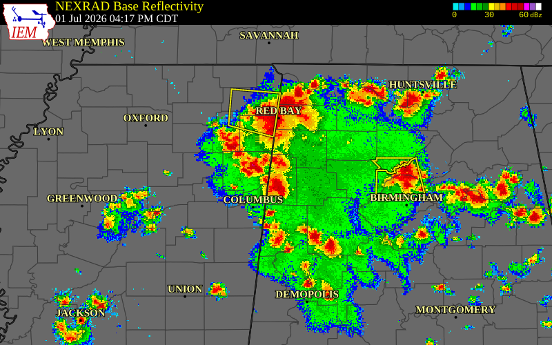 Radar snapshot during the Jul 1, 2026 wind event near Lamar County, Lamar County, Alabama, with NWS warning polygons