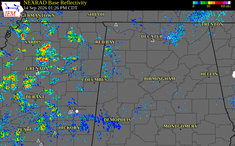 Current NEXRAD radar over Lamar County, Alabama with recent storm report locations