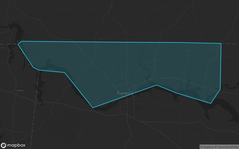 Map of Lauderdale County, Alabama showing the county boundary and surrounding cities
