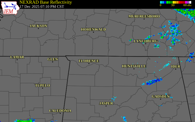 NEXRAD radar during the Wednesday, December 17, 2025 storm activity in Lauderdale County, Alabama