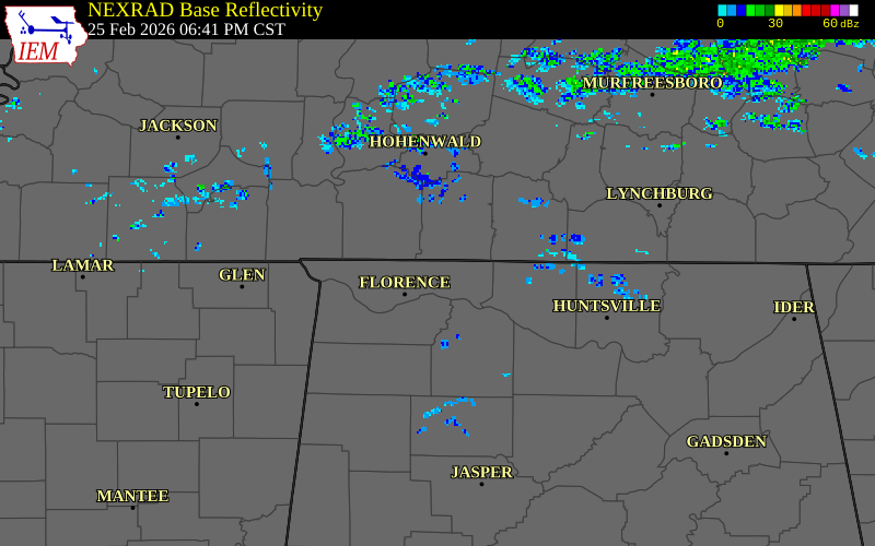 NEXRAD radar during the Wednesday, February 25, 2026 storm activity in Lauderdale County, Alabama