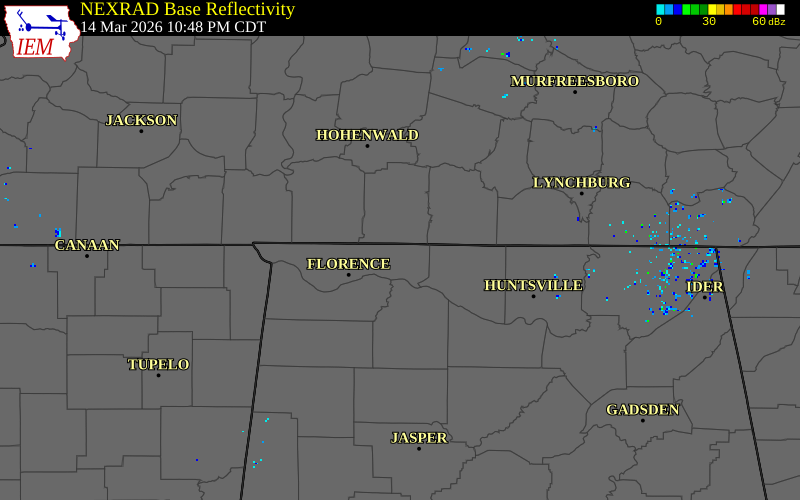 NEXRAD radar during the Saturday, March 14, 2026 storm activity in Lauderdale County, Alabama