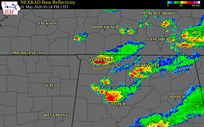 NEXRAD radar during the Sunday, May 31, 2026 storm activity in Lauderdale County, Alabama