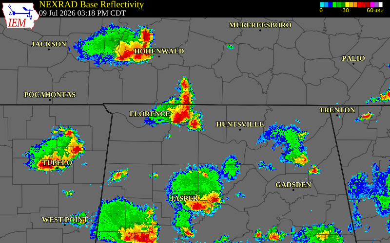 NEXRAD radar during the Thursday, July 9, 2026 storm activity in Lauderdale County, Alabama
