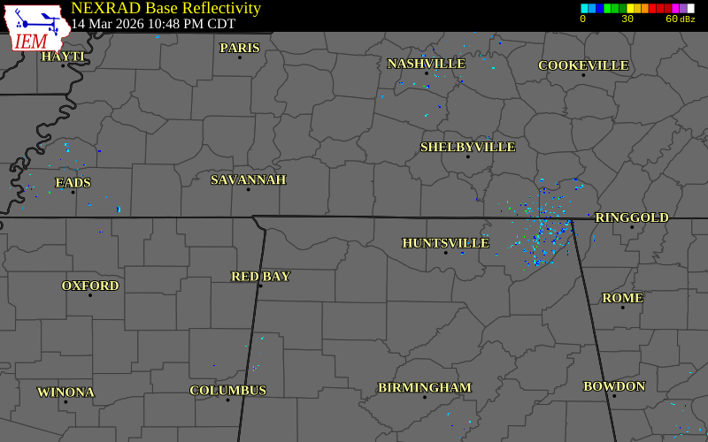 Radar snapshot during the Mar 14, 2026 tornado event near 1 W Lexington, Lauderdale County, Alabama, with NWS warning polygons