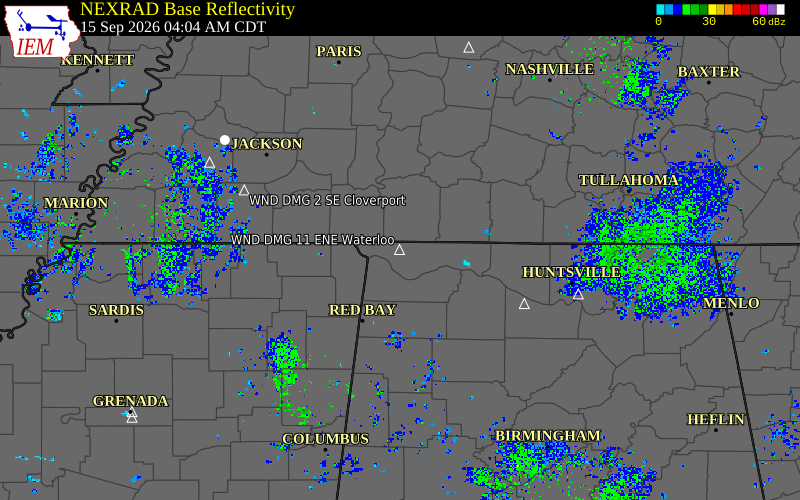 Current NEXRAD radar over Lauderdale County, Alabama with recent storm report locations
