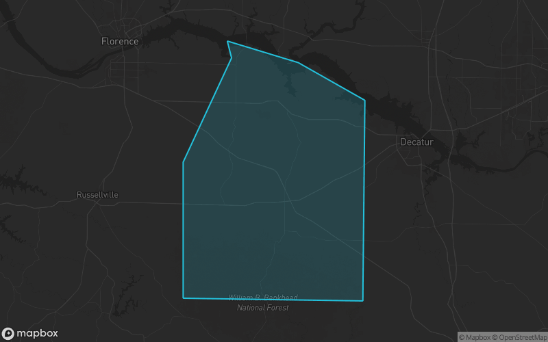 Map of Lawrence County, Alabama showing the county boundary and surrounding cities