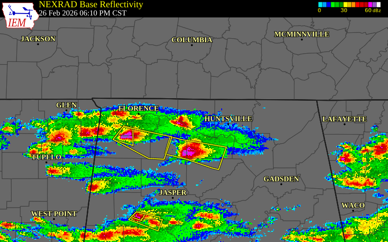 NEXRAD radar during the Thursday, February 26, 2026 storm activity in Lawrence County, Alabama