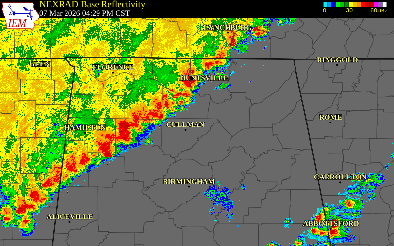 NEXRAD radar during the Saturday, March 7, 2026 storm activity in Lawrence County, Alabama