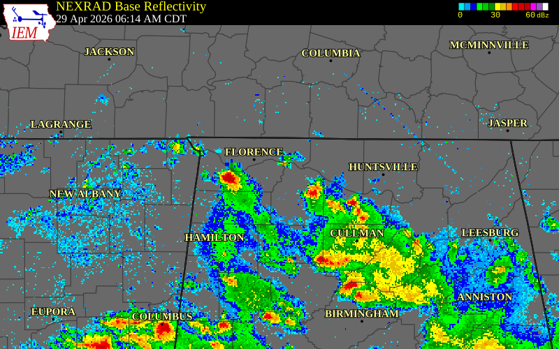 NEXRAD radar during the Wednesday, April 29, 2026 storm activity in Lawrence County, Alabama