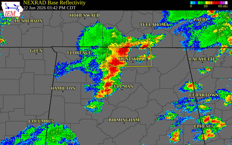 NEXRAD radar during the Monday, June 22, 2026 storm activity in Lawrence County, Alabama
