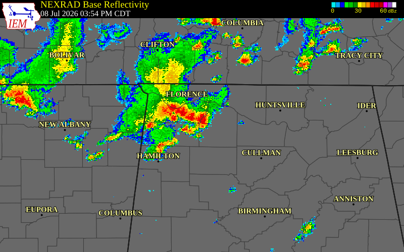 NEXRAD radar during the Wednesday, July 8, 2026 storm activity in Lawrence County, Alabama