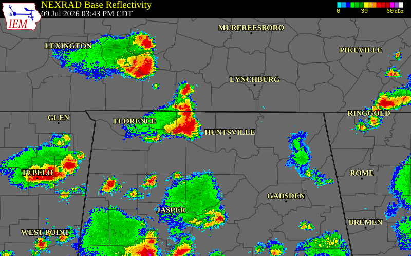 NEXRAD radar during the Thursday, July 9, 2026 storm activity in Lawrence County, Alabama