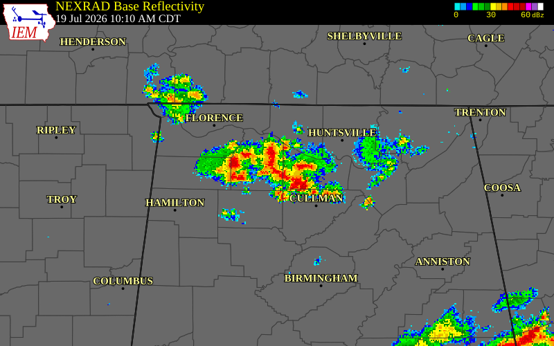NEXRAD radar during the Sunday, July 19, 2026 storm activity in Lawrence County, Alabama