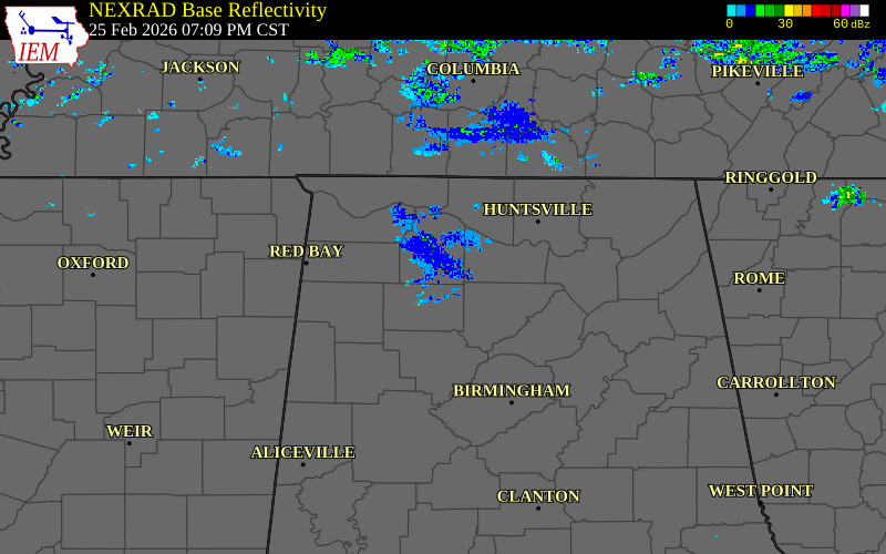 Radar snapshot during the Feb 25, 2026 hail event near 4 N Brushy Lake, Lawrence County, Alabama, with NWS warning polygons