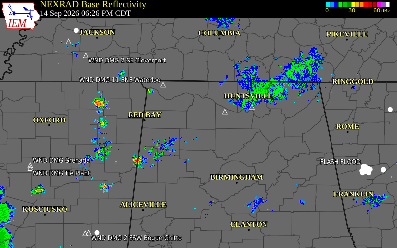 Current NEXRAD radar over Lawrence County, Alabama with recent storm report locations
