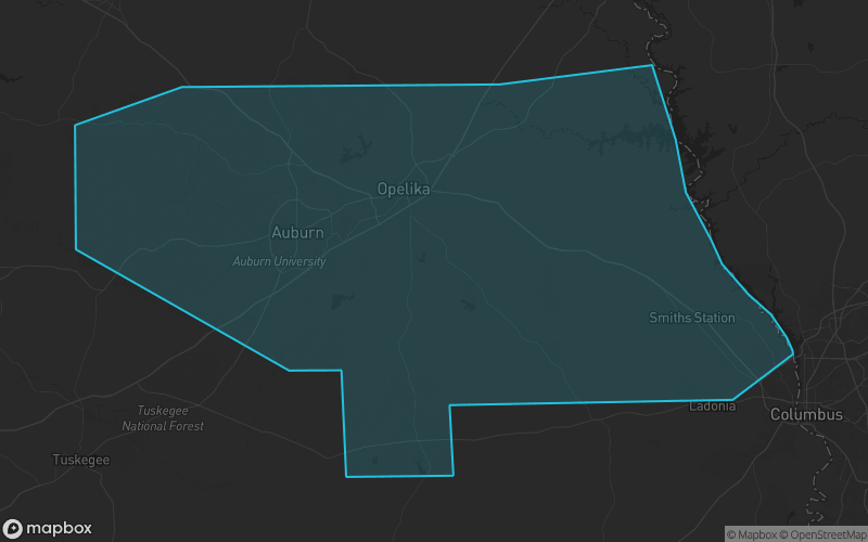 Map of Lee County, Alabama showing the county boundary and surrounding cities