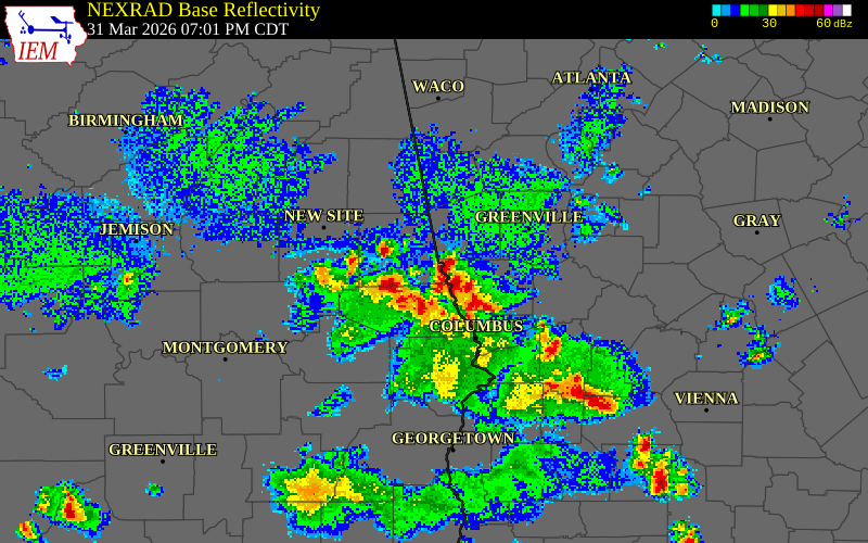 NEXRAD radar during the Tuesday, March 31, 2026 storm activity in Lee County, Alabama