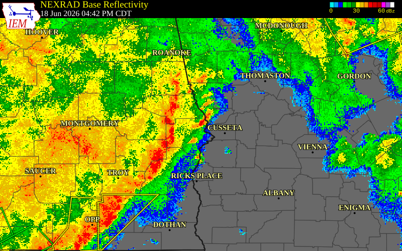 NEXRAD radar during the Thursday, June 18, 2026 storm activity in Lee County, Alabama