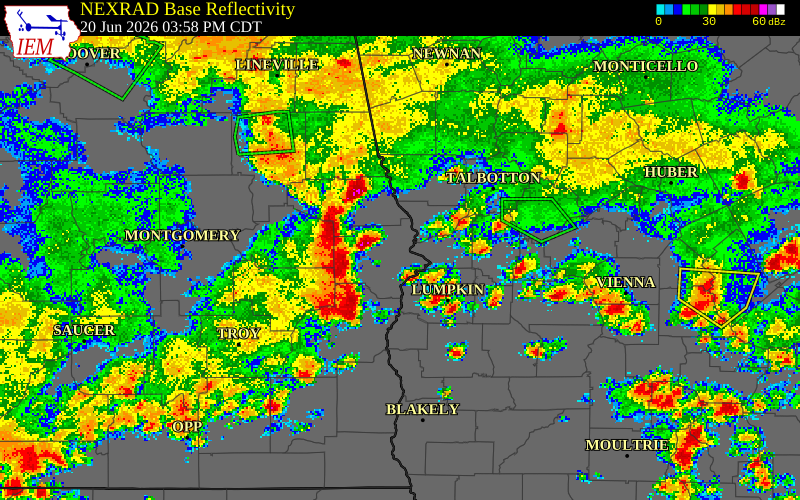 NEXRAD radar during the Saturday, June 20, 2026 storm activity in Lee County, Alabama