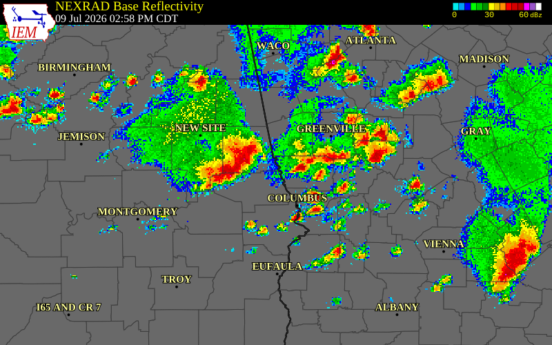 NEXRAD radar during the Thursday, July 9, 2026 storm activity in Lee County, Alabama