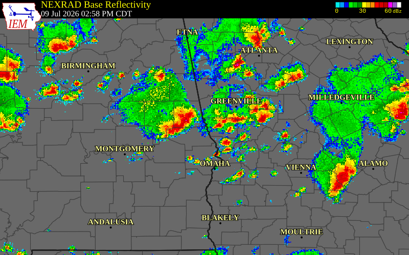 Radar snapshot during the Jul 9, 2026 wind event near Lee County, Lee County, Alabama, with NWS warning polygons