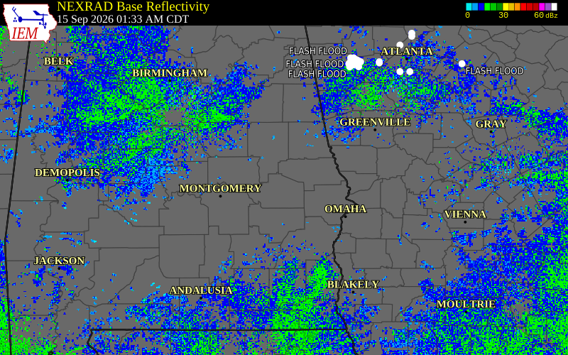 Current NEXRAD radar over Lee County, Alabama with recent storm report locations