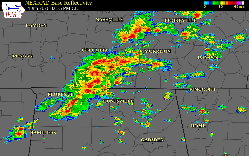 NEXRAD radar during the Sunday, June 14, 2026 storm activity in Limestone County, Alabama