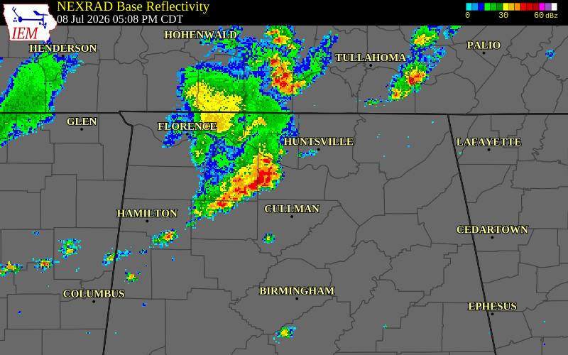 NEXRAD radar during the Wednesday, July 8, 2026 storm activity in Limestone County, Alabama