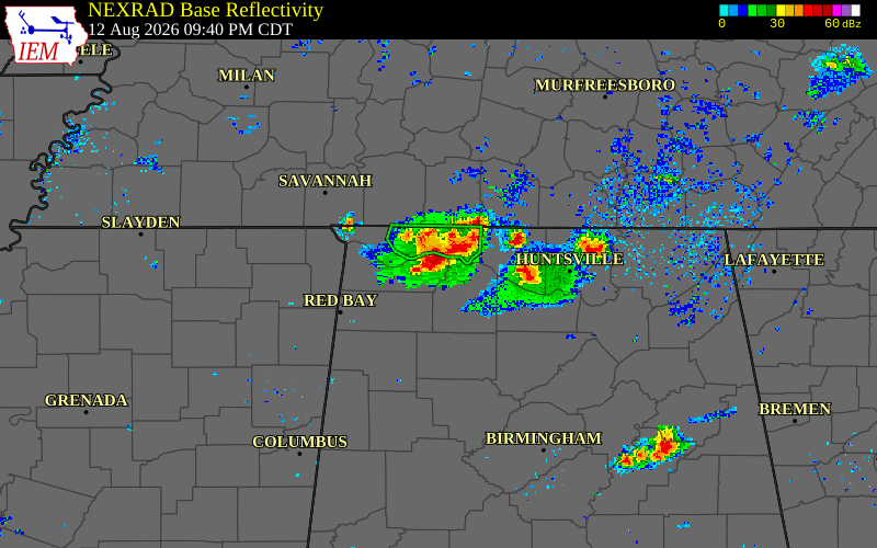 Radar snapshot during the Aug 9, 2026 wind event near Limestone County, Limestone County, Alabama, with NWS warning polygons