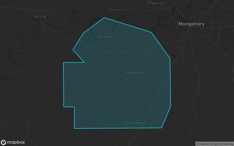 Map of Lowndes County, Alabama showing the county boundary and surrounding cities