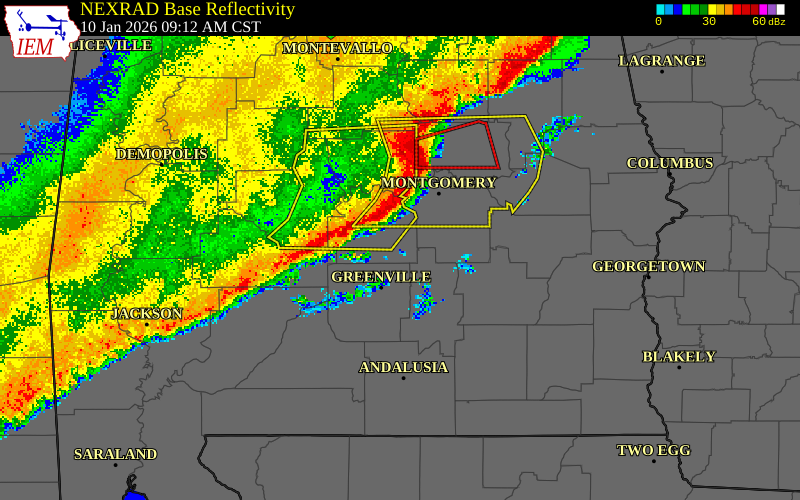 NEXRAD radar during the Saturday, January 10, 2026 storm activity in Lowndes County, Alabama