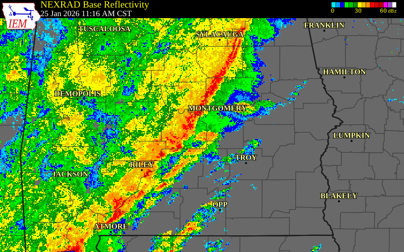 NEXRAD radar during the Sunday, January 25, 2026 storm activity in Lowndes County, Alabama