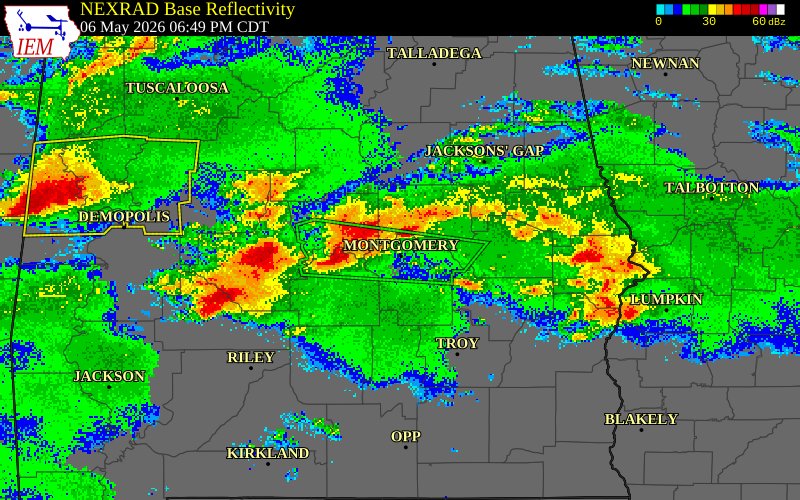 NEXRAD radar during the Wednesday, May 6, 2026 storm activity in Lowndes County, Alabama