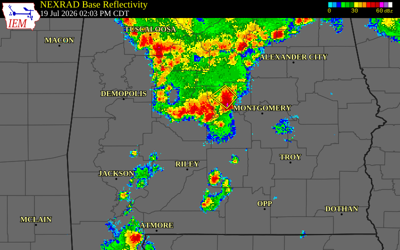 NEXRAD radar during the Sunday, July 19, 2026 storm activity in Lowndes County, Alabama