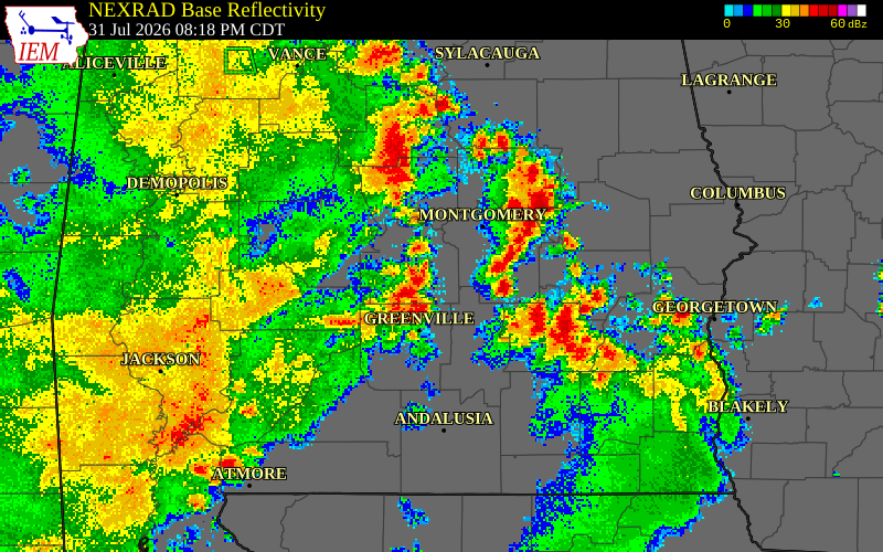 NEXRAD radar during the Friday, July 31, 2026 storm activity in Lowndes County, Alabama