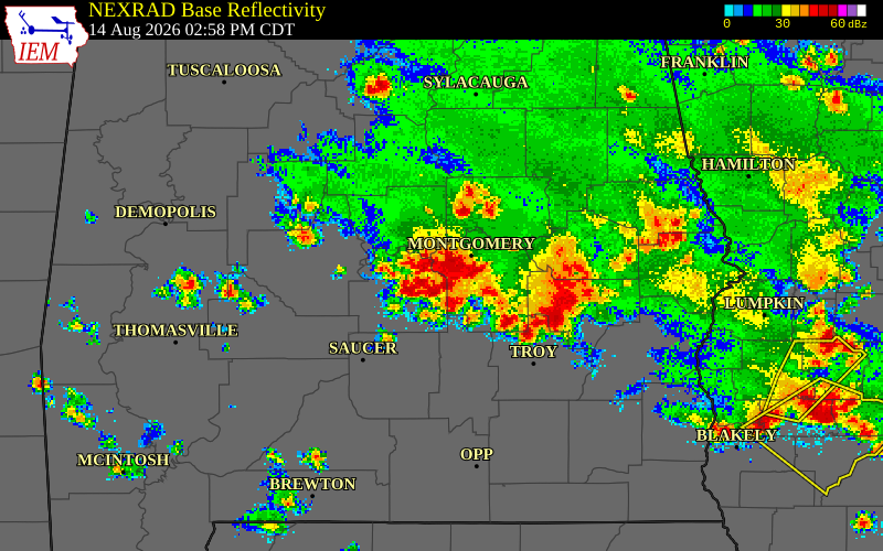 NEXRAD radar during the Friday, August 14, 2026 storm activity in Lowndes County, Alabama
