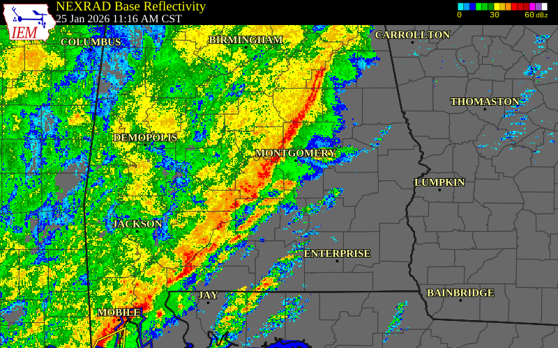 Radar snapshot during the Jan 25, 2026 tornado event near 6 WNW Pintlala, Lowndes County, Alabama, with NWS warning polygons