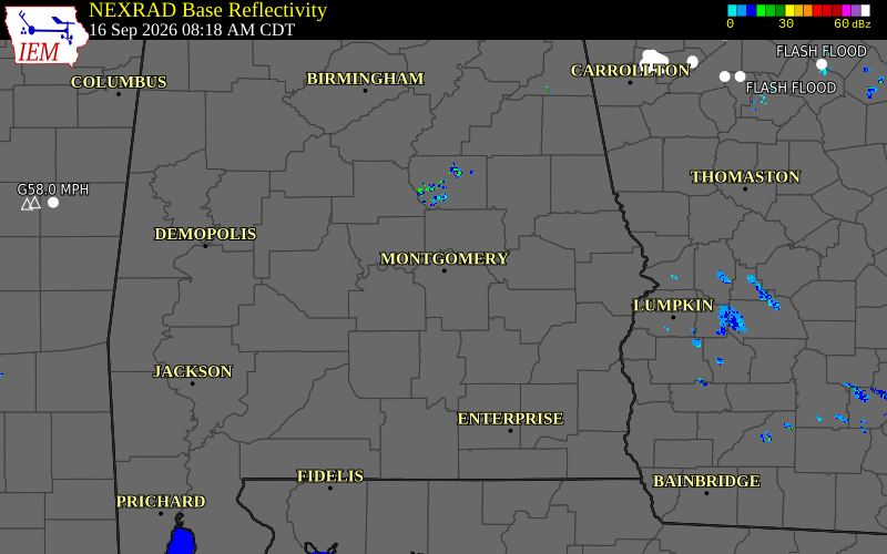 Current NEXRAD radar over Lowndes County, Alabama with recent storm report locations