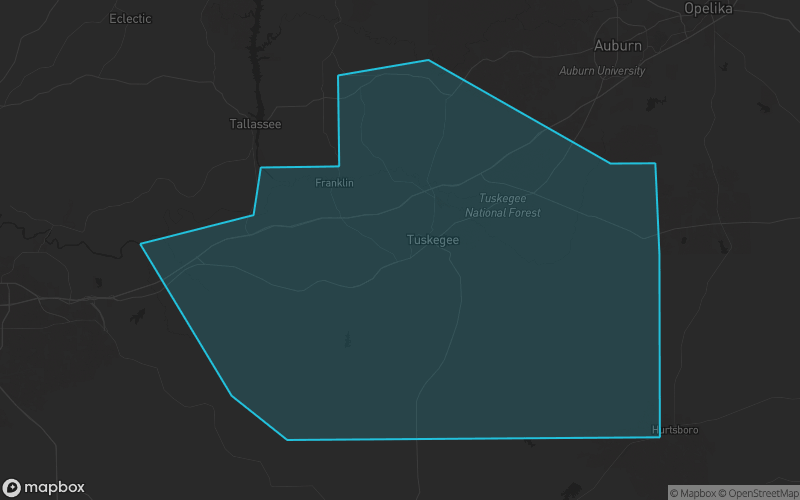 Map of Macon County, Alabama showing the county boundary and surrounding cities