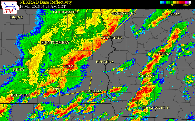 NEXRAD radar during the Monday, March 16, 2026 storm activity in Macon County, Alabama
